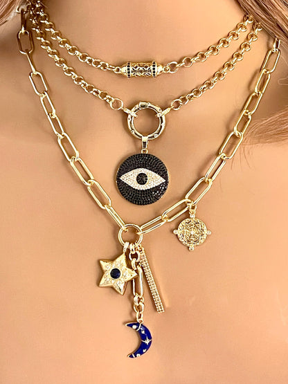 Multi-Charm Necklaces- Choice Of 3 Layering Necklaces -Blue Enamel Moon Charm-CZ Star-CZ Bar-CZ Compass-Evil Eye-Vintage Charm-Gift For Her