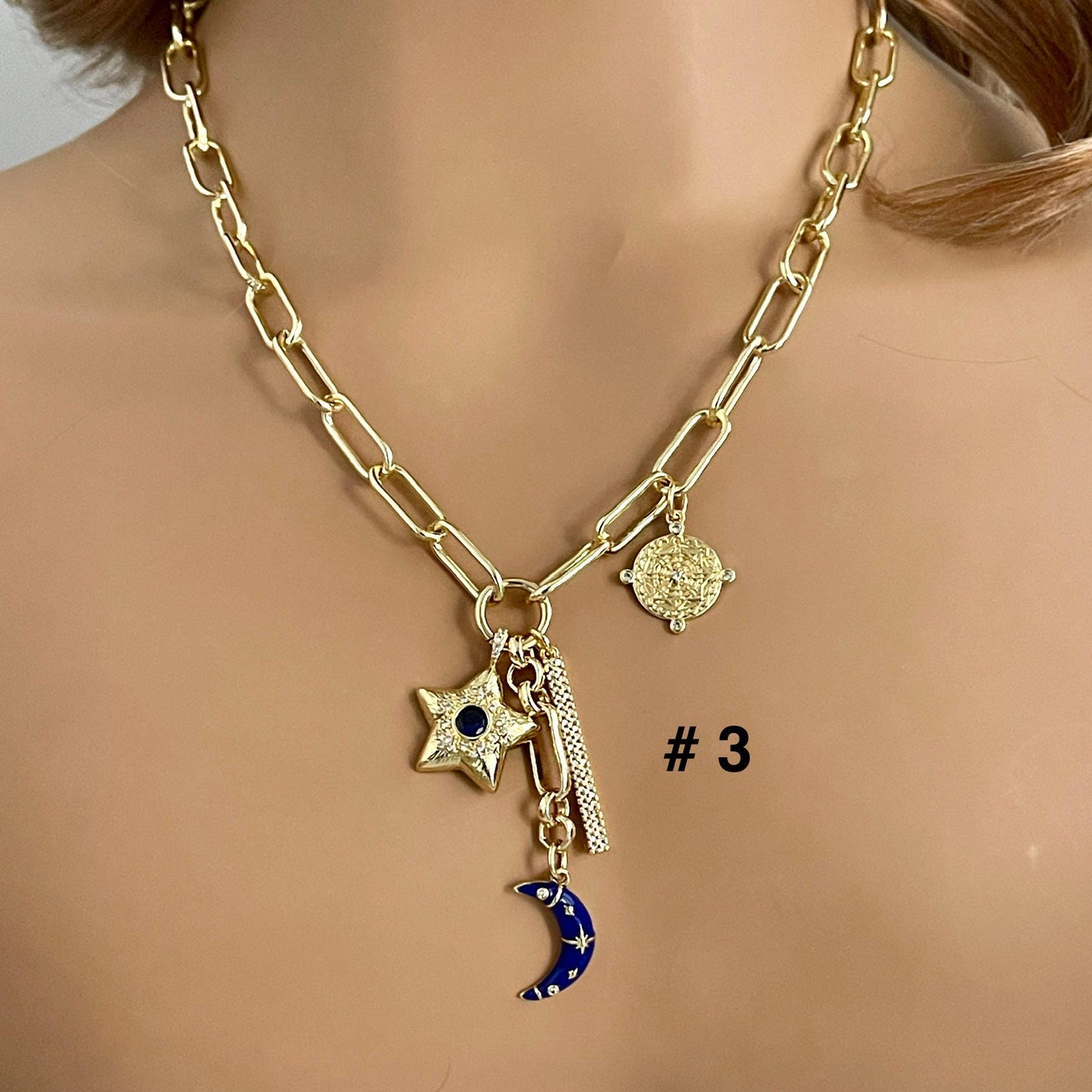 Multi-Charm Necklaces- Choice Of 3 Layering Necklaces -Blue Enamel Moon Charm-CZ Star-CZ Bar-CZ Compass-Evil Eye-Vintage Charm-Gift For Her