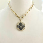 Gold Paperclip Chain Necklace-Large CZ Micro Pave Clover Pendant-Cubic Zirconia Clover Medallion-Gold Spring Lock Clasp- Aesthetic Necklace