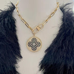 Gold Paperclip Chain Necklace-Large CZ Micro Pave Clover Pendant-Cubic Zirconia Clover Medallion-Gold Spring Lock Clasp- Aesthetic Necklace