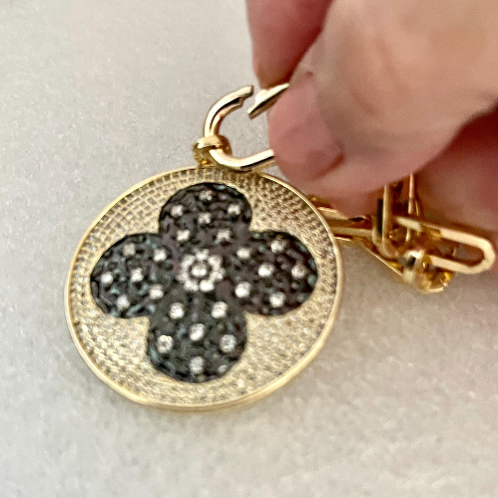 Gold Paperclip Chain Necklace-Large CZ Micro Pave Clover Pendant-Cubic Zirconia Clover Medallion-Gold Spring Lock Clasp- Aesthetic Necklace