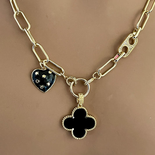 Gold Paperclip Chain-Mixed Charm Necklace-Black Enamel Clover Pendant-Black Heart Charm- Mariner CZ Connector-Lobster Clasp-Gift For Her