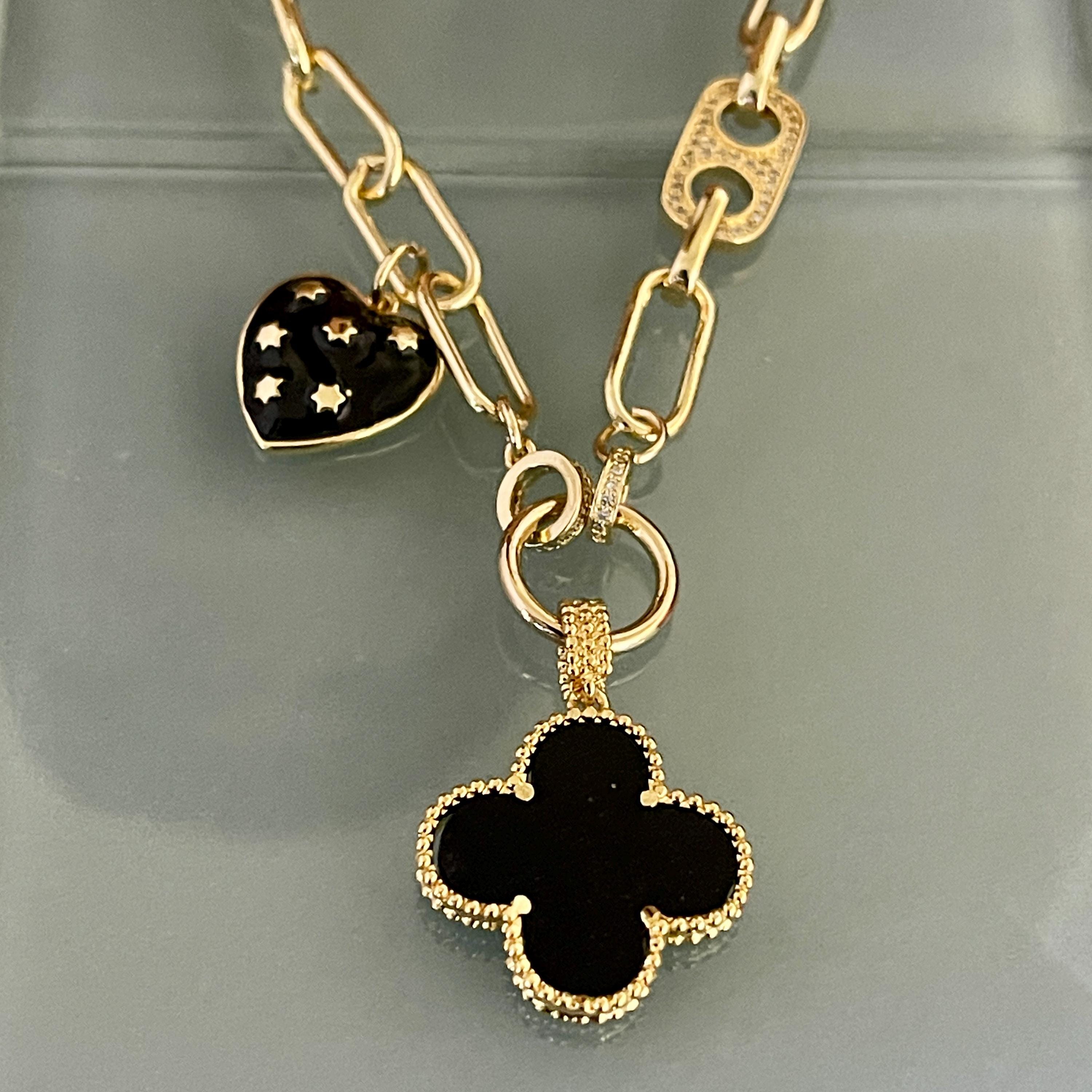 Gold Paperclip Chain-Mixed Charm Necklace-Black Enamel Clover Pendant-Black Heart Charm- Mariner CZ Connector-Lobster Clasp-Gift For Her