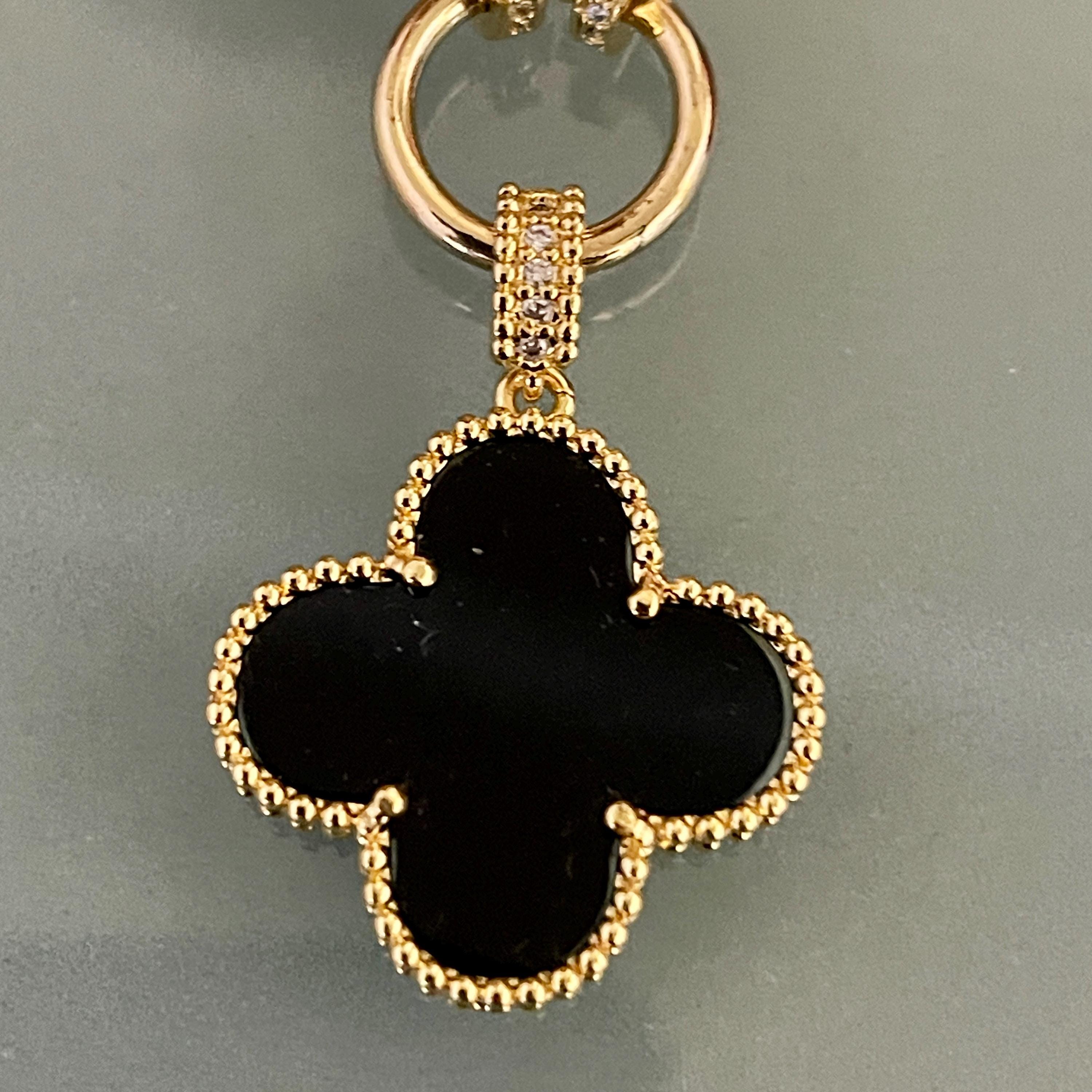 Gold Paperclip Chain-Mixed Charm Necklace-Black Enamel Clover Pendant-Black Heart Charm- Mariner CZ Connector-Lobster Clasp-Gift For Her