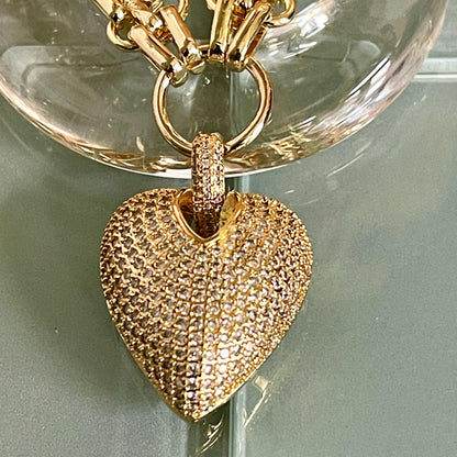 Gold Chunky Multilink Chain Necklace- Micro Pave Heart Pendant-CZ Charm-Gold Textured Chain Necklace-Lobster Clasp-Gift For Her