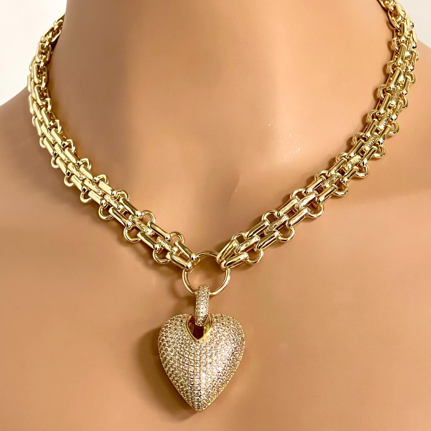 Gold Chunky Multilink Chain Necklace- Micro Pave Heart Pendant-CZ Charm-Gold Textured Chain Necklace-Lobster Clasp-Gift For Her