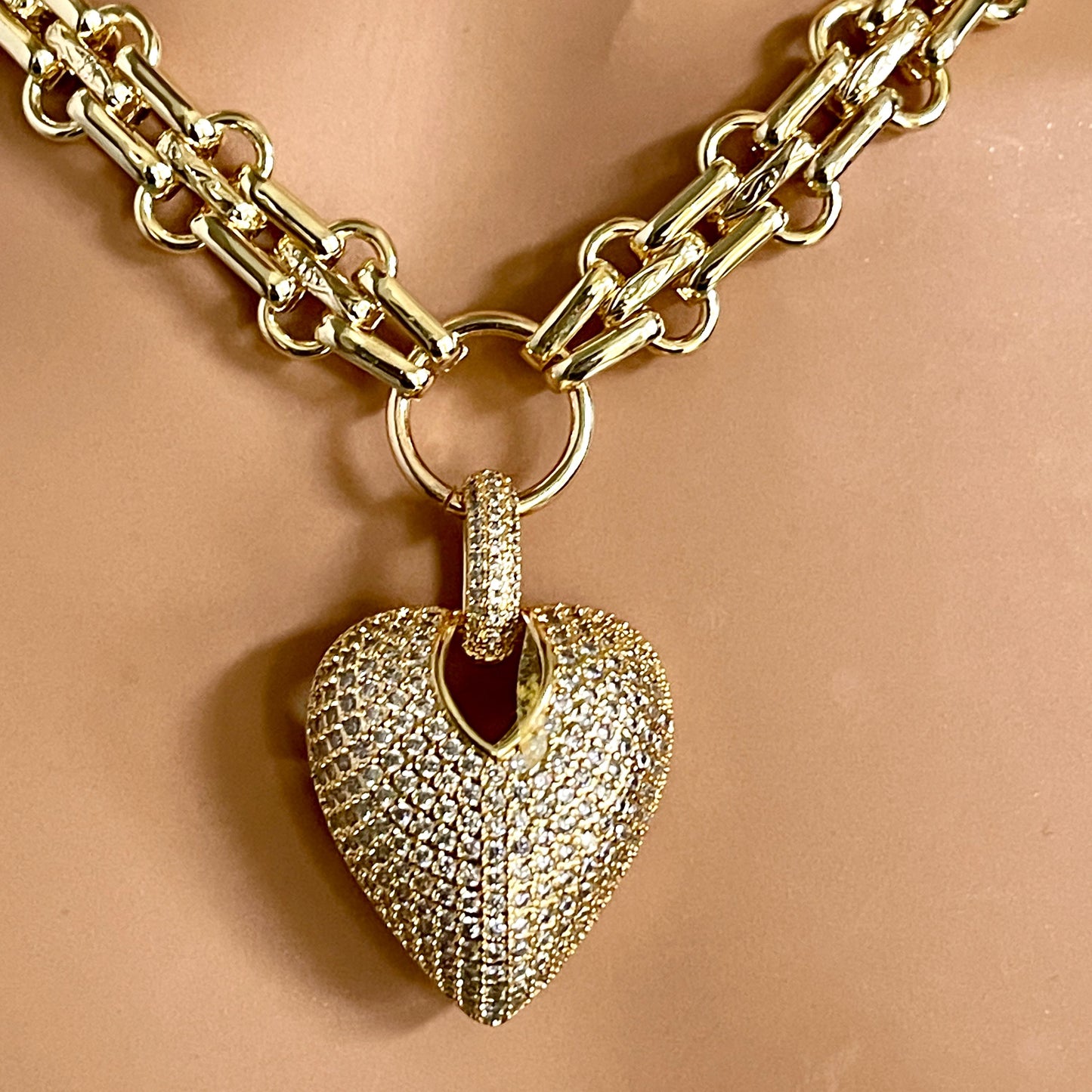 Gold Chunky Multilink Chain Necklace- Micro Pave Heart Pendant-CZ Charm-Gold Textured Chain Necklace-Lobster Clasp-Gift For Her