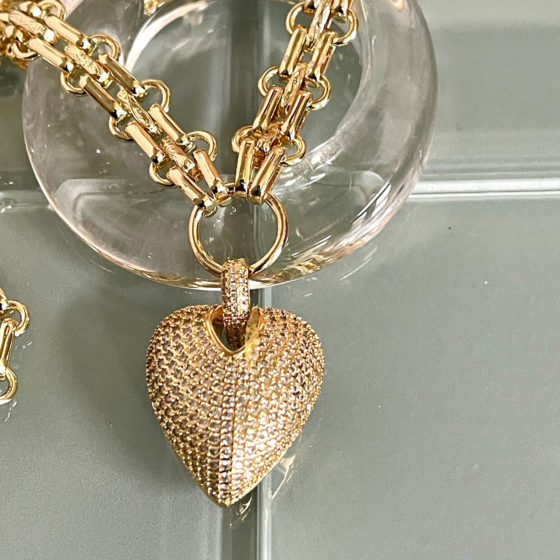 Gold Chunky Multilink Chain Necklace- Micro Pave Heart Pendant-CZ Charm-Gold Textured Chain Necklace-Lobster Clasp-Gift For Her