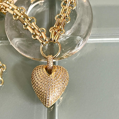 Gold Chunky Multilink Chain Necklace- Micro Pave Heart Pendant-CZ Charm-Gold Textured Chain Necklace-Lobster Clasp-Gift For Her