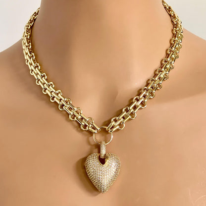 Gold Chunky Multilink Chain Necklace- Micro Pave Heart Pendant-CZ Charm-Gold Textured Chain Necklace-Lobster Clasp-Gift For Her