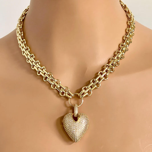 Gold Chunky Multilink Chain Necklace- Micro Pave Heart Pendant-CZ Charm-Gold Textured Chain Necklace-Lobster Clasp-Gift For Her