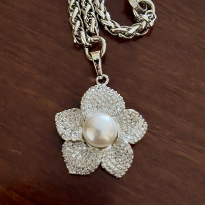 Silver Wheat Chain Necklace-Micro Pave Flower Pendant-Pearl Charm, Lobster Claw Clasp