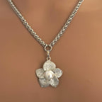 Silver Wheat Chain Necklace-Micro Pave Flower Pendant-Pearl Charm, Lobster Claw Clasp