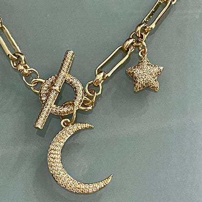 Gold Multi Charm Necklace-Gold CZ Moon Charm- Gold CZ Star Charm-Toggle Charm Connector-Lobster Claw Clasp-Layering Necklace-Gift For Her