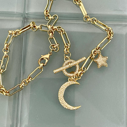 Gold Multi Charm Necklace-Gold CZ Moon Charm- Gold CZ Star Charm-Toggle Charm Connector-Lobster Claw Clasp-Layering Necklace-Gift For Her