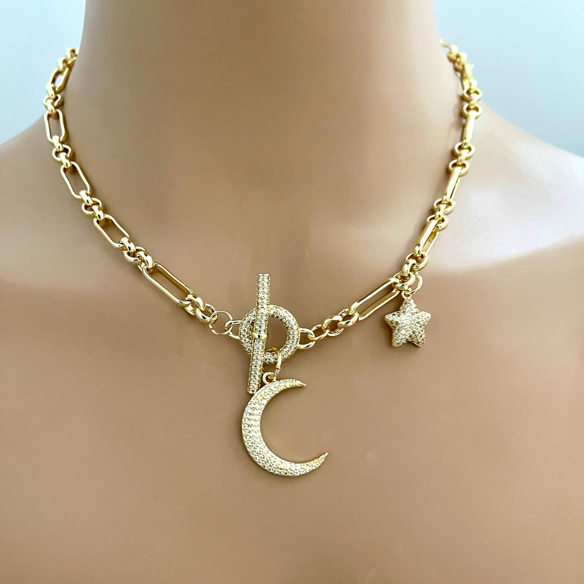 Gold Multi Charm Necklace-Gold CZ Moon Charm- Gold CZ Star Charm-Toggle Charm Connector-Lobster Claw Clasp-Layering Necklace-Gift For Her