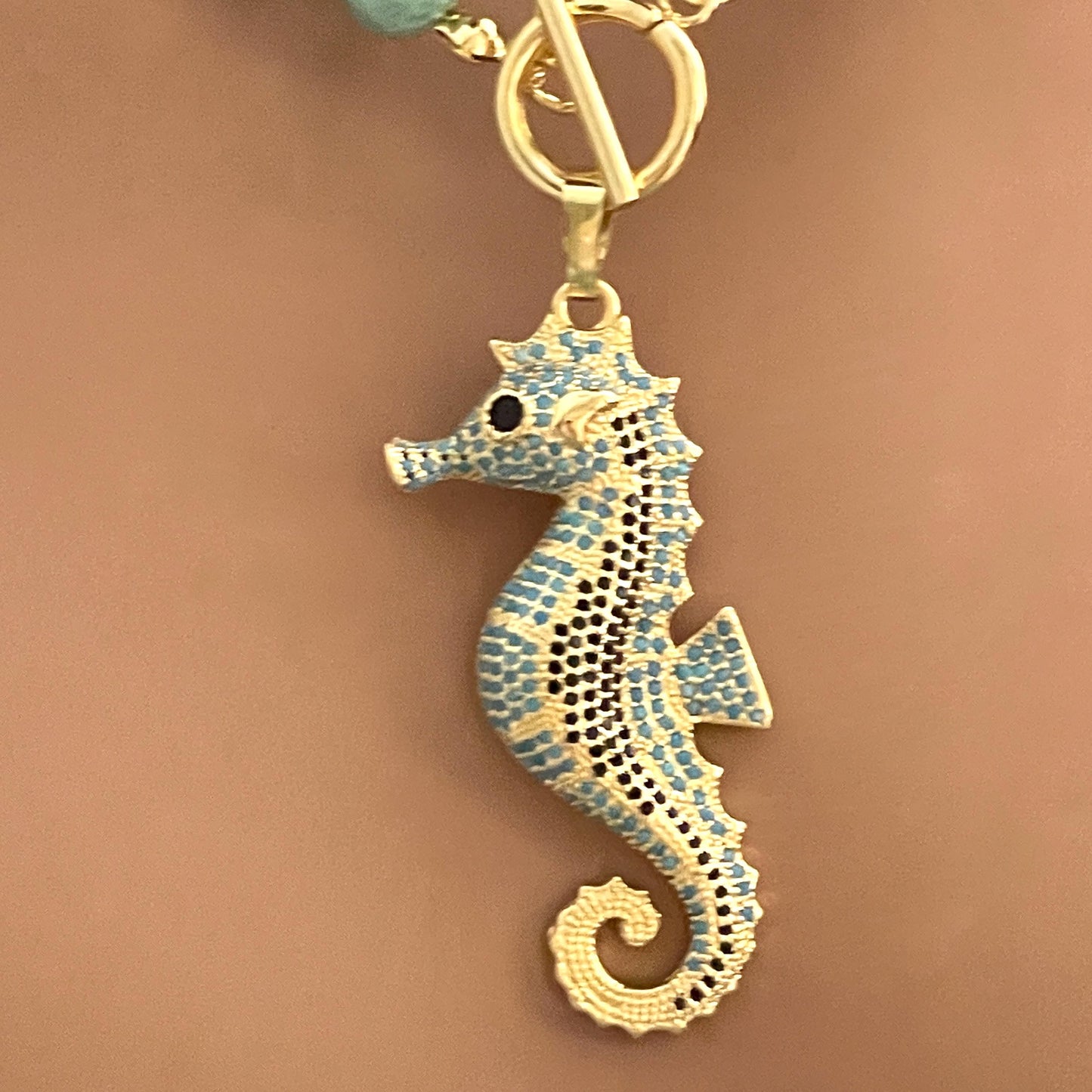 Amazonite Bead Necklace with Turquoise and Gold Seahorse Pendant- Natural Stone Bead Necklace-Toggle Clasp-Gift For Her