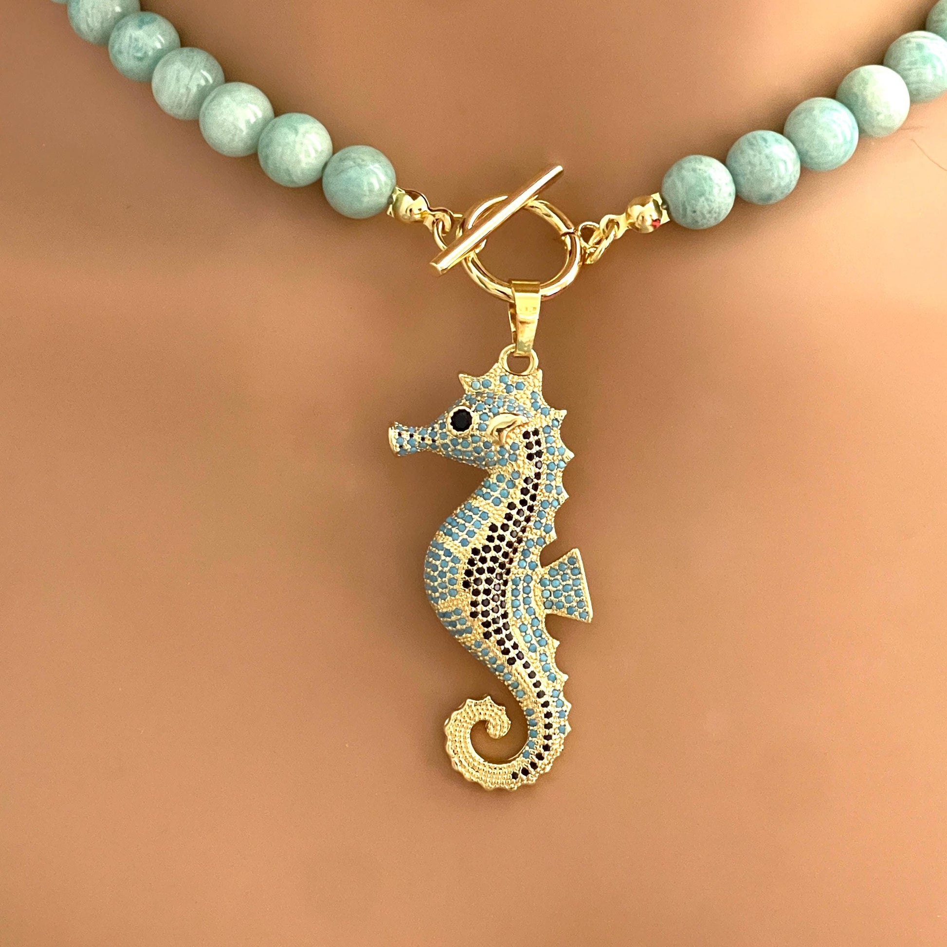 Amazonite Bead Necklace with Turquoise and Gold Seahorse Pendant- Natural Stone Bead Necklace-Toggle Clasp-Gift For Her