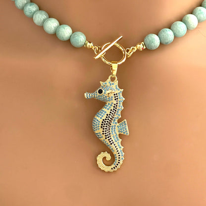 Amazonite Bead Necklace with Turquoise and Gold Seahorse Pendant- Natural Stone Bead Necklace-Toggle Clasp-Gift For Her