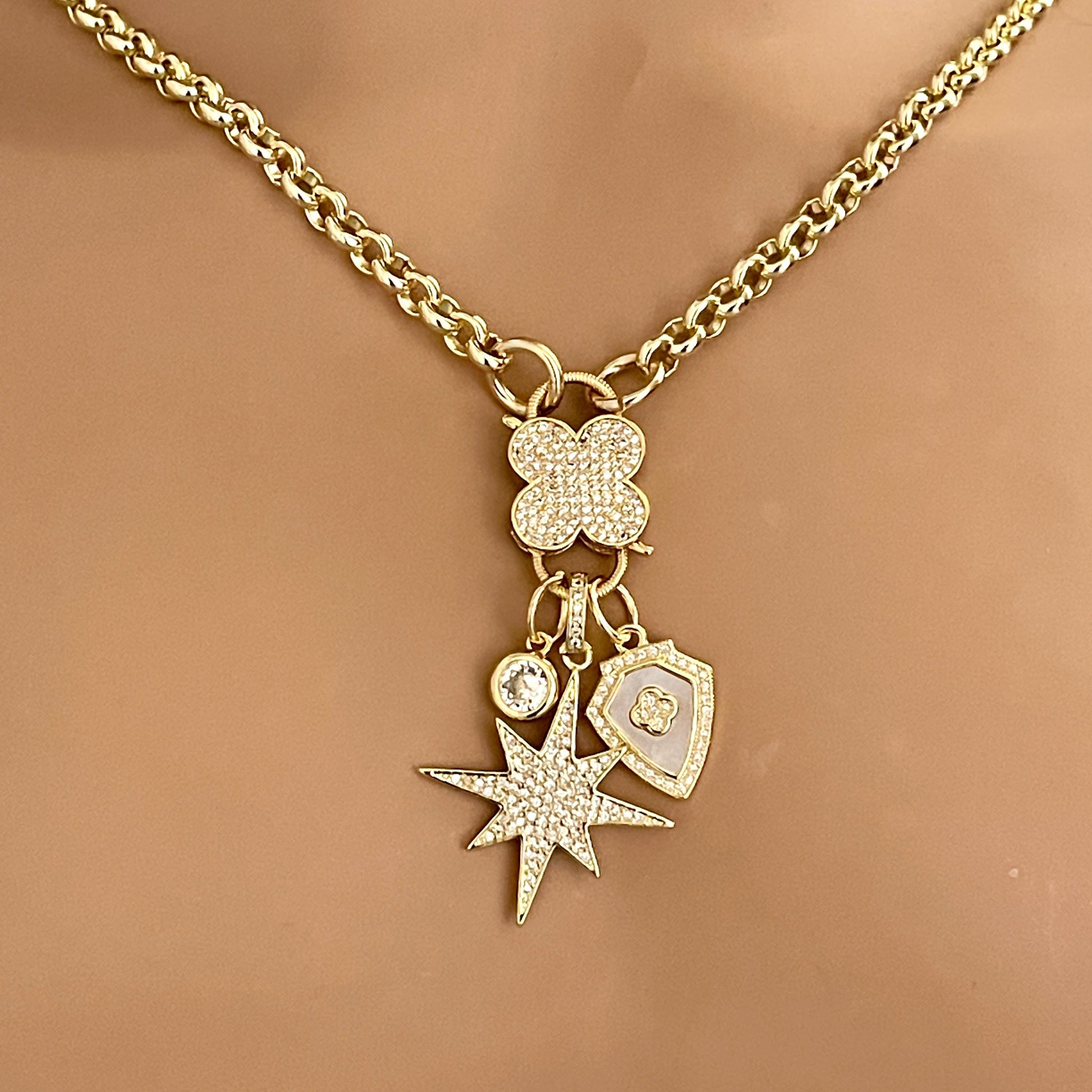 Gold Multi Charm Necklace-CZ Charms-Northern Star Charm-Coat of Arms Charm-Large CZ Stone -CZ Carabiner Clasp-X Kiss Charm Necklace