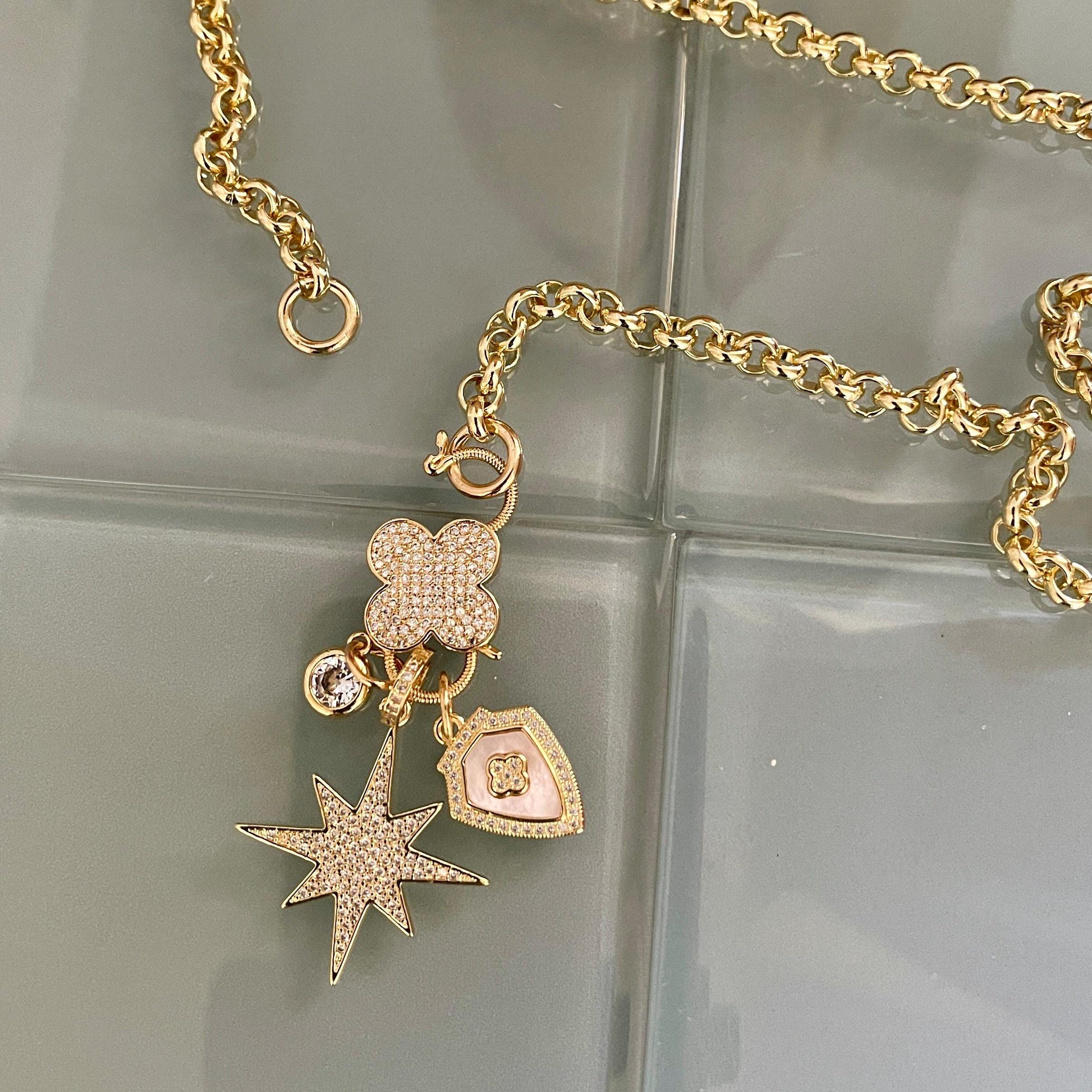 Gold Multi Charm Necklace-CZ Charms-Northern Star Charm-Coat of Arms Charm-Large CZ Stone -CZ Carabiner Clasp-X Kiss Charm Necklace