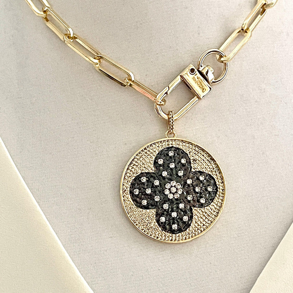 Gold Paperclip Chain Necklace-Large CZ Micro Pave Clover Pendant-Cubic Zirconia Clover Medallion-Gold Spring Lock Clasp- Aesthetic Necklace