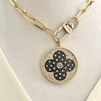 Gold Paperclip Chain Necklace-Large CZ Micro Pave Clover Pendant-Cubic Zirconia Clover Medallion-Gold Spring Lock Clasp- Aesthetic Necklace