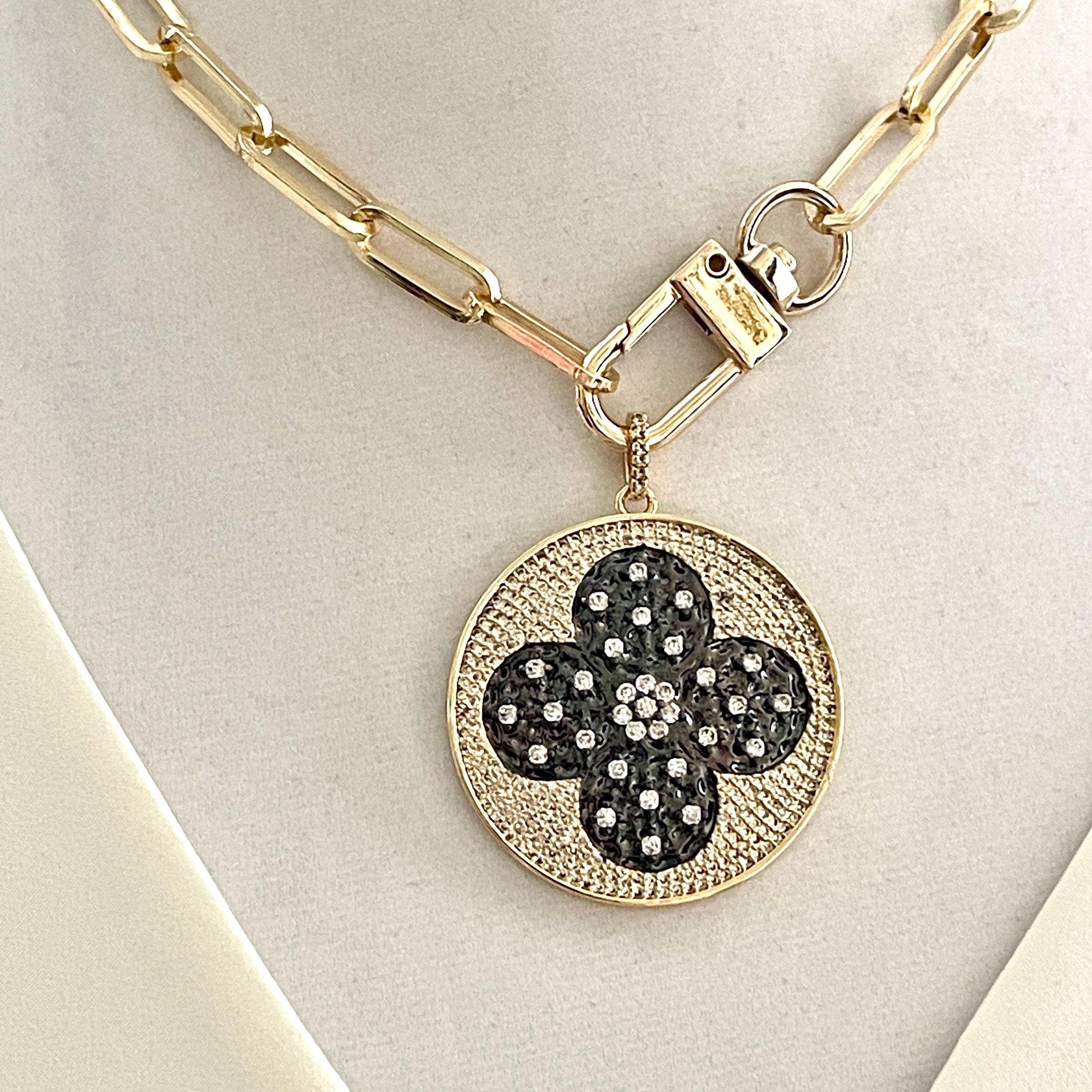 Gold Paperclip Chain Necklace-Large CZ Micro Pave Clover Pendant-Cubic Zirconia Clover Medallion-Gold Spring Lock Clasp- Aesthetic Necklace