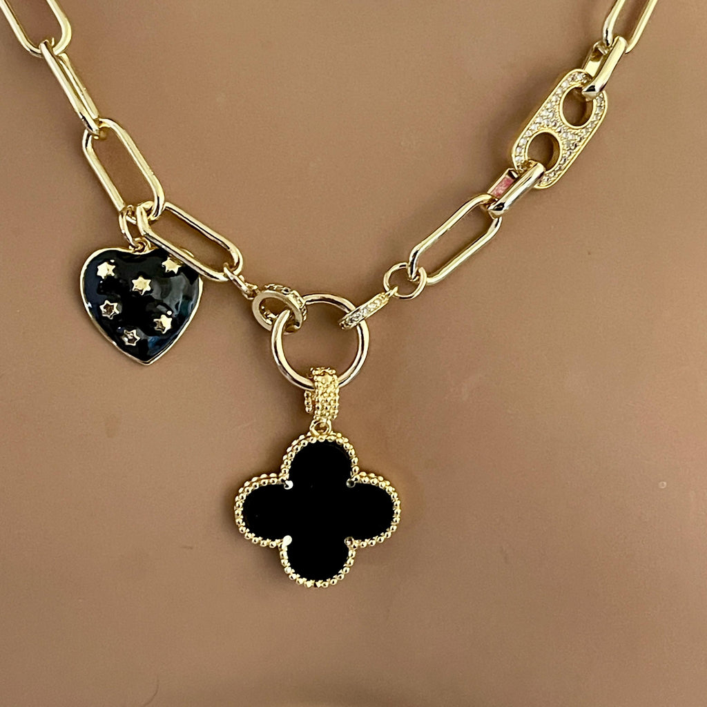 Gold Paperclip Chain-Mixed Charm Necklace-Black Enamel Clover Pendant-Black Heart Charm- Mariner CZ Connector-Lobster Clasp-Gift For Her