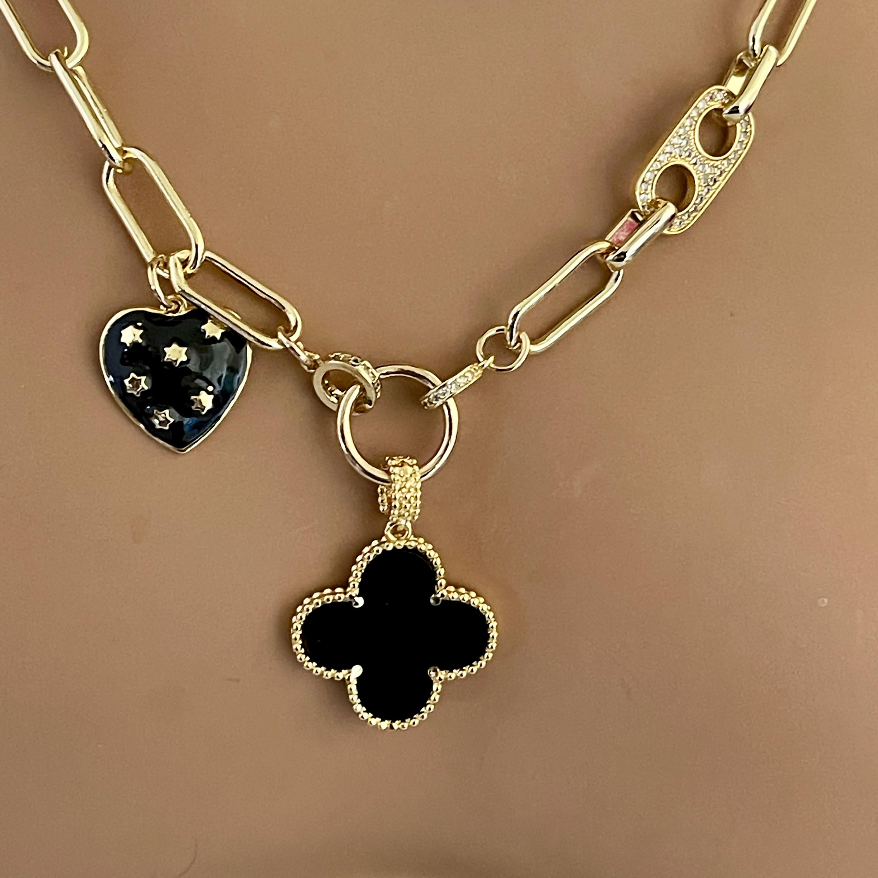 Gold Paperclip Chain-Mixed Charm Necklace-Black Enamel Clover Pendant-Black Heart Charm- Mariner CZ Connector-Lobster Clasp-Gift For Her