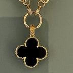 Gold Paperclip Chain-Mixed Charm Necklace-Black Enamel Clover Pendant-Black Heart Charm- Mariner CZ Connector-Lobster Clasp-Gift For Her