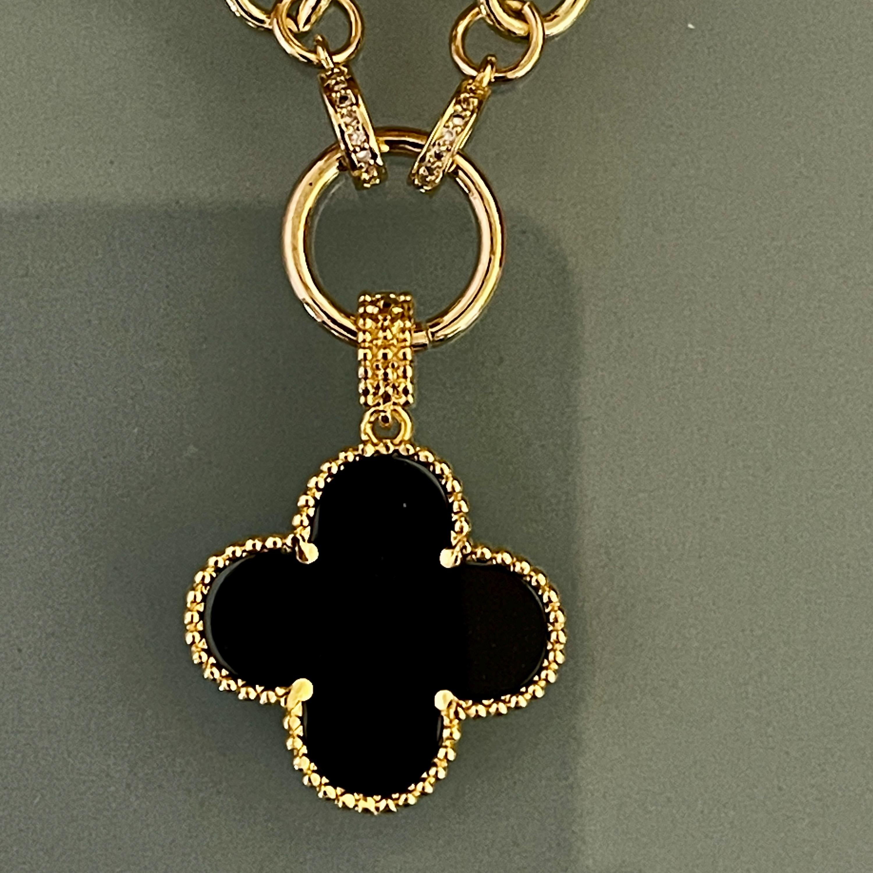 Gold Paperclip Chain-Mixed Charm Necklace-Black Enamel Clover Pendant-Black Heart Charm- Mariner CZ Connector-Lobster Clasp-Gift For Her