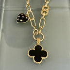 Gold Paperclip Chain-Mixed Charm Necklace-Black Enamel Clover Pendant-Black Heart Charm- Mariner CZ Connector-Lobster Clasp-Gift For Her
