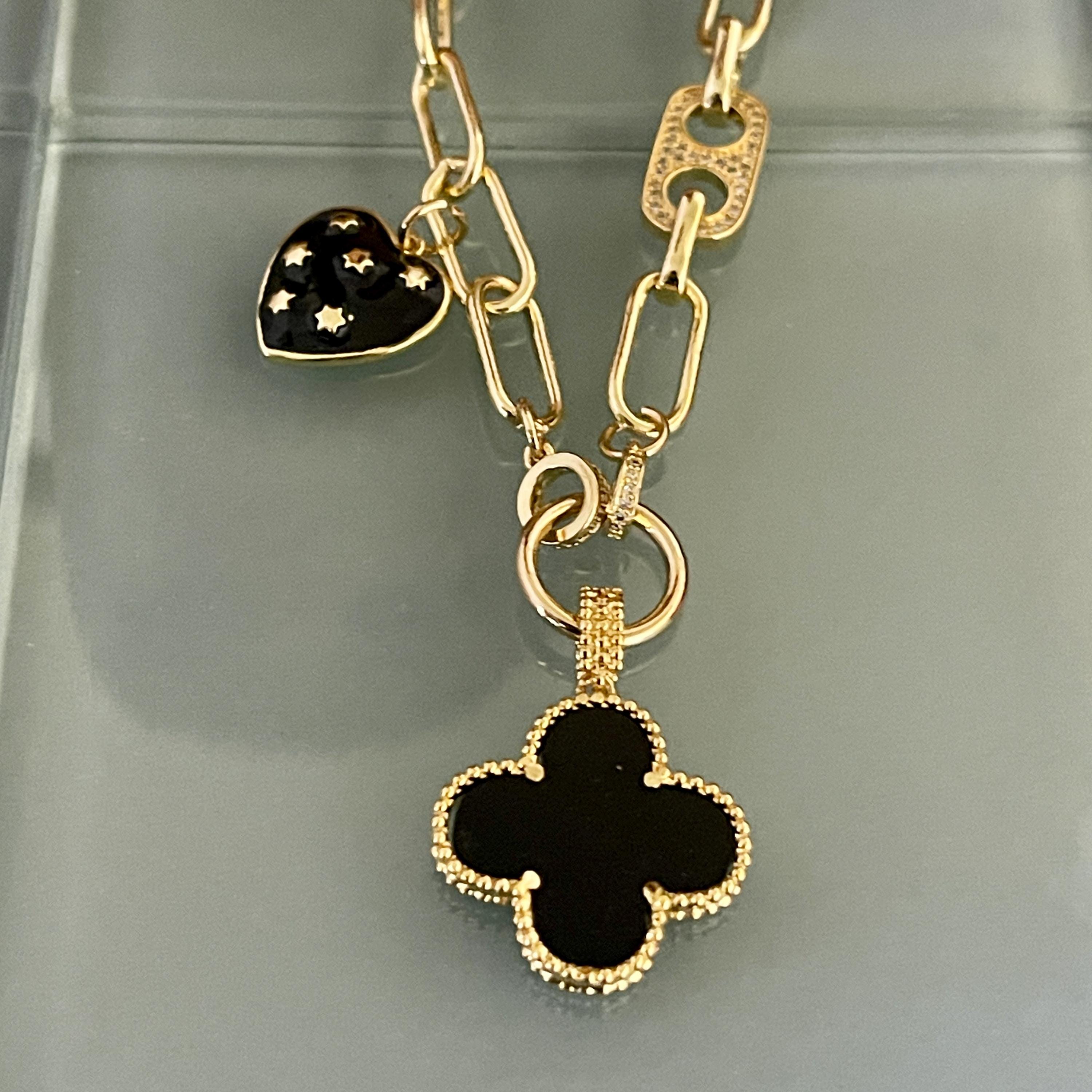 Gold Paperclip Chain-Mixed Charm Necklace-Black Enamel Clover Pendant-Black Heart Charm- Mariner CZ Connector-Lobster Clasp-Gift For Her