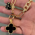 Gold Paperclip Chain-Mixed Charm Necklace-Black Enamel Clover Pendant-Black Heart Charm- Mariner CZ Connector-Lobster Clasp-Gift For Her