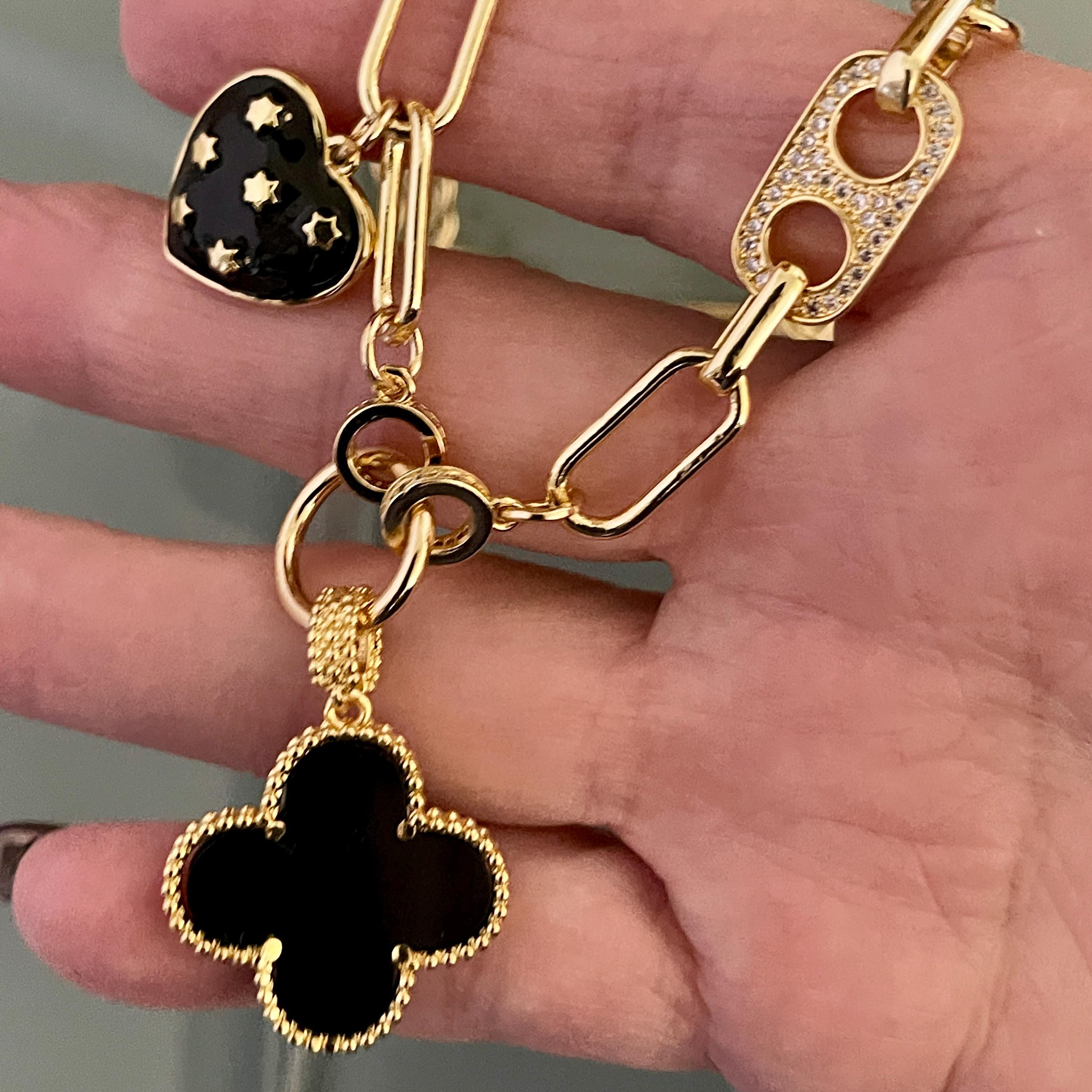 Gold Paperclip Chain-Mixed Charm Necklace-Black Enamel Clover Pendant-Black Heart Charm- Mariner CZ Connector-Lobster Clasp-Gift For Her
