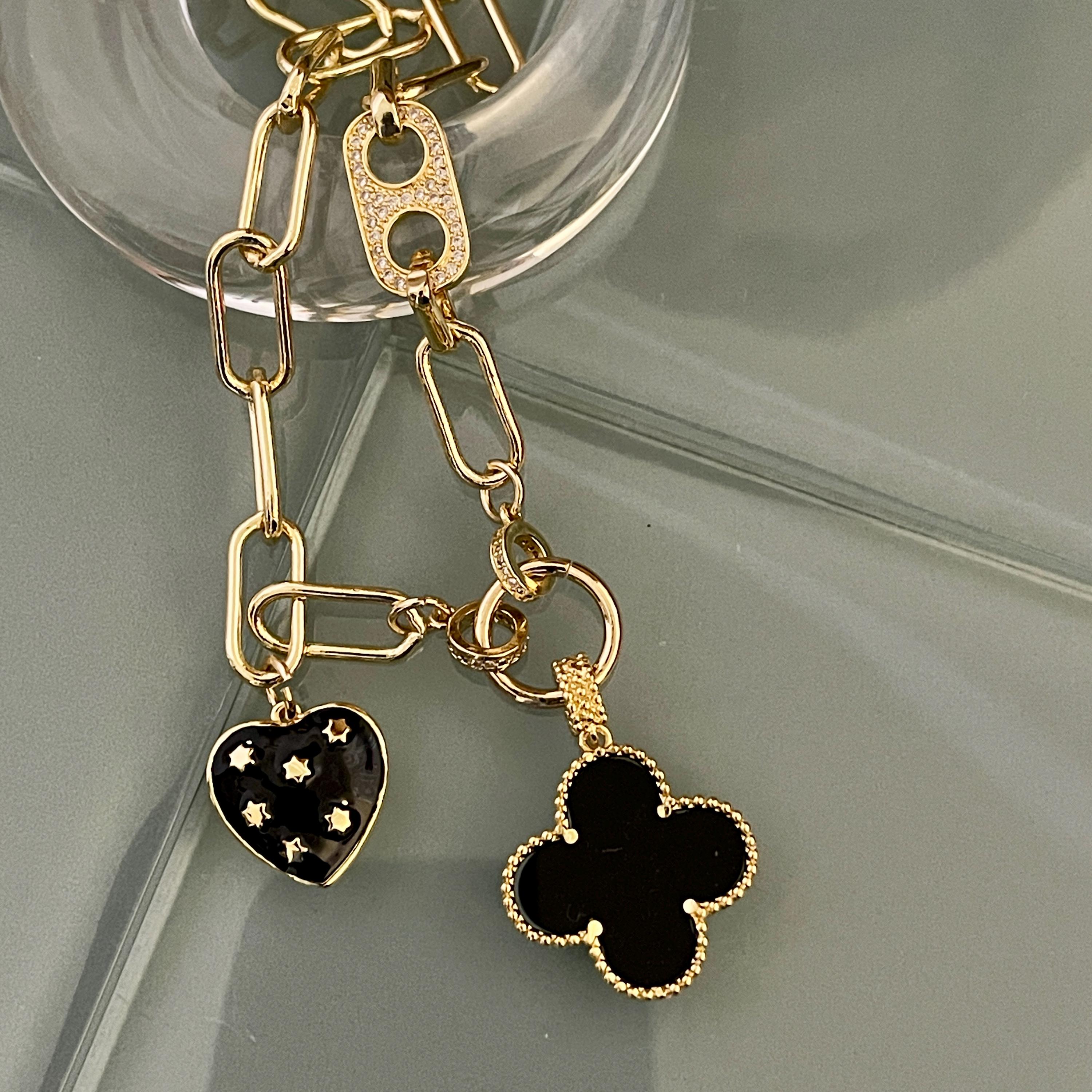 Gold Paperclip Chain-Mixed Charm Necklace-Black Enamel Clover Pendant-Black Heart Charm- Mariner CZ Connector-Lobster Clasp-Gift For Her