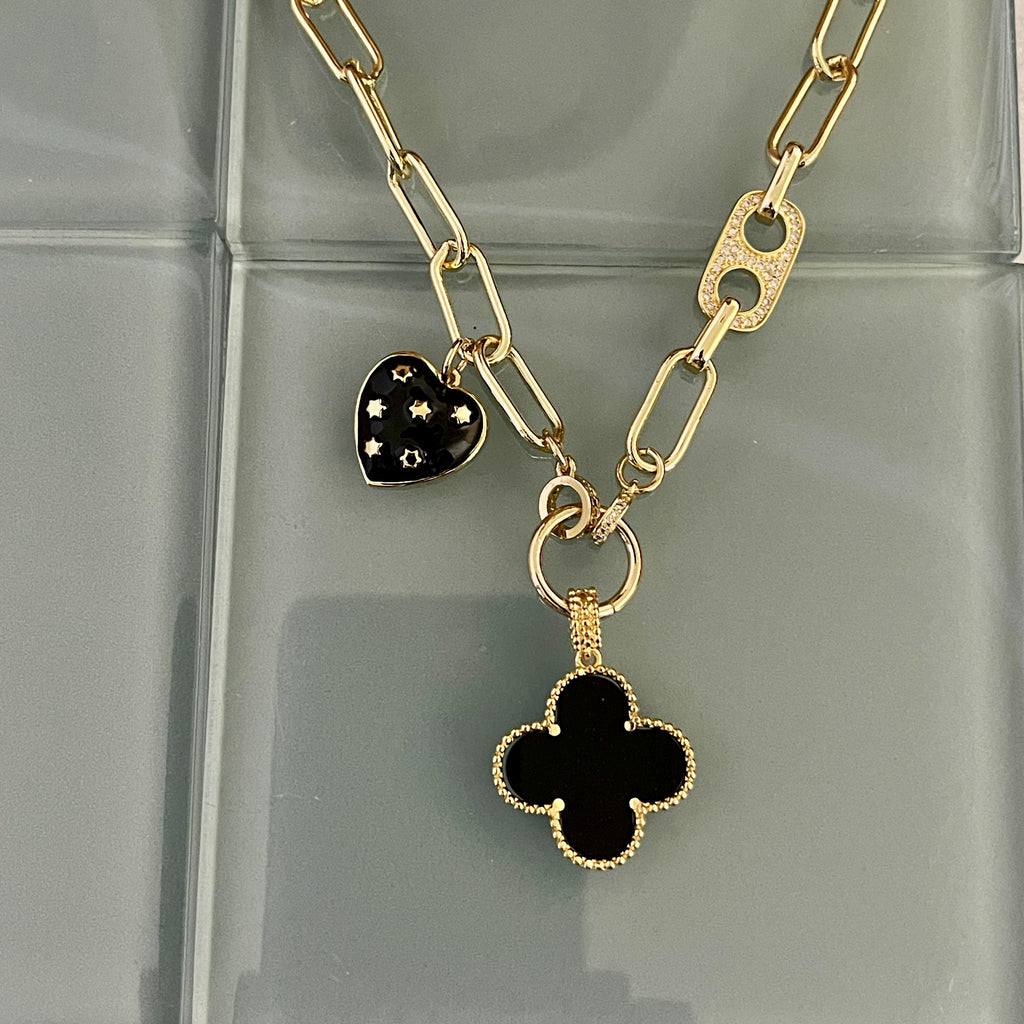 Gold Paperclip Chain-Mixed Charm Necklace-Black Enamel Clover Pendant-Black Heart Charm- Mariner CZ Connector-Lobster Clasp-Gift For Her