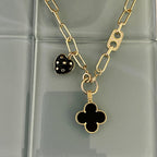 Gold Paperclip Chain-Mixed Charm Necklace-Black Enamel Clover Pendant-Black Heart Charm- Mariner CZ Connector-Lobster Clasp-Gift For Her