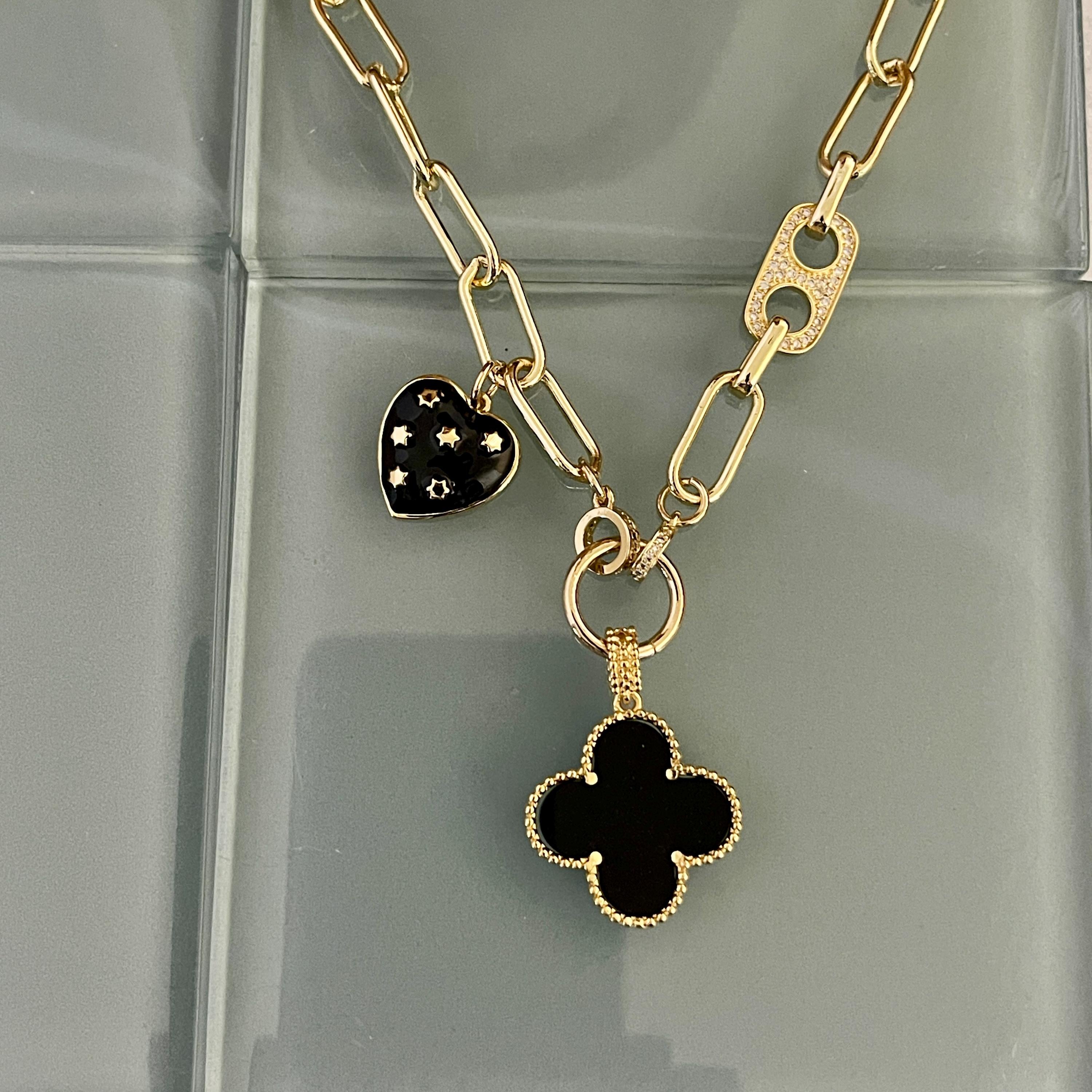 Gold Paperclip Chain-Mixed Charm Necklace-Black Enamel Clover Pendant-Black Heart Charm- Mariner CZ Connector-Lobster Clasp-Gift For Her
