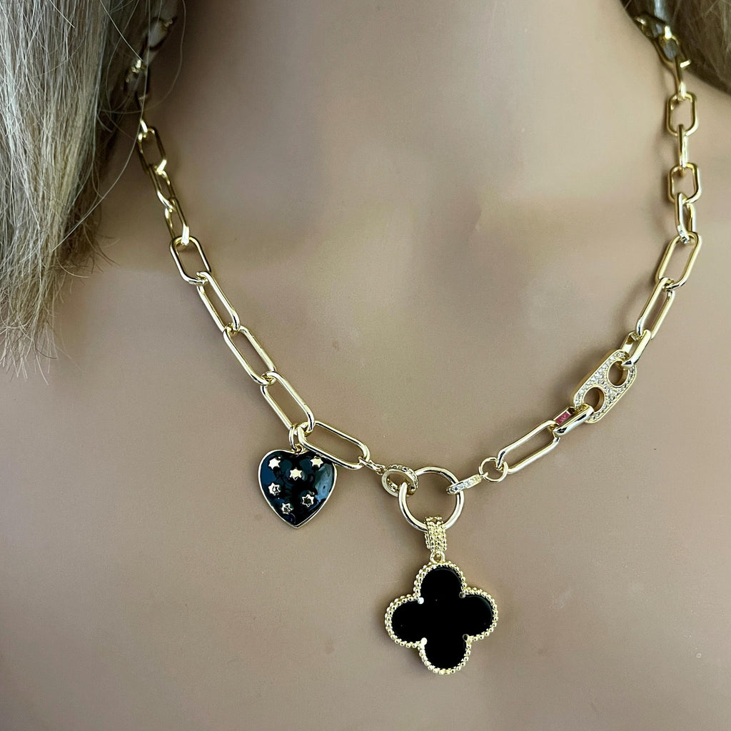 Gold Paperclip Chain-Mixed Charm Necklace-Black Enamel Clover Pendant-Black Heart Charm- Mariner CZ Connector-Lobster Clasp-Gift For Her