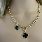 Gold Paperclip Chain-Mixed Charm Necklace-Black Enamel Clover Pendant-Black Heart Charm- Mariner CZ Connector-Lobster Clasp-Gift For Her