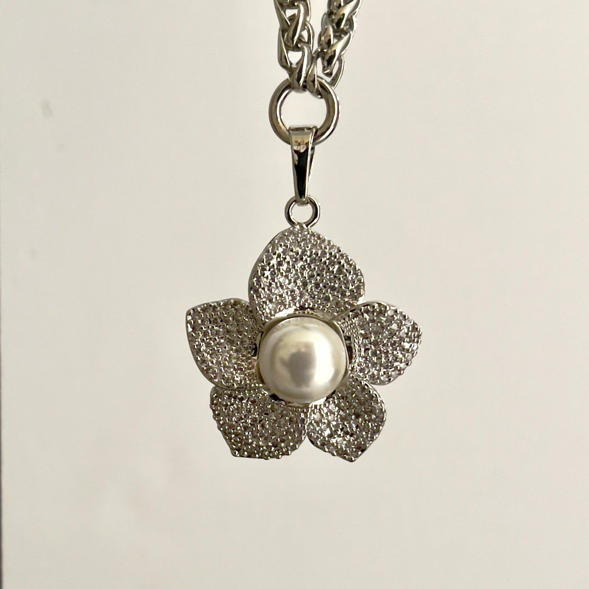 Silver Wheat Chain Necklace-Micro Pave Flower Pendant-Pearl Charm, Lobster Claw Clasp