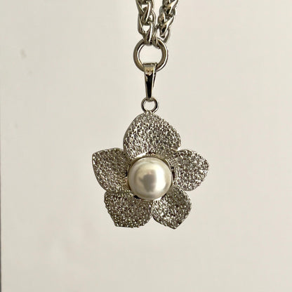 Silver Wheat Chain Necklace-Micro Pave Flower Pendant-Pearl Charm, Lobster Claw Clasp