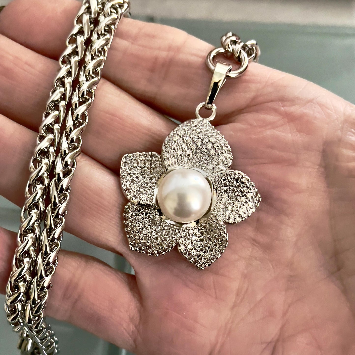 Silver Wheat Chain Necklace-Micro Pave Flower Pendant-Pearl Charm, Lobster Claw Clasp