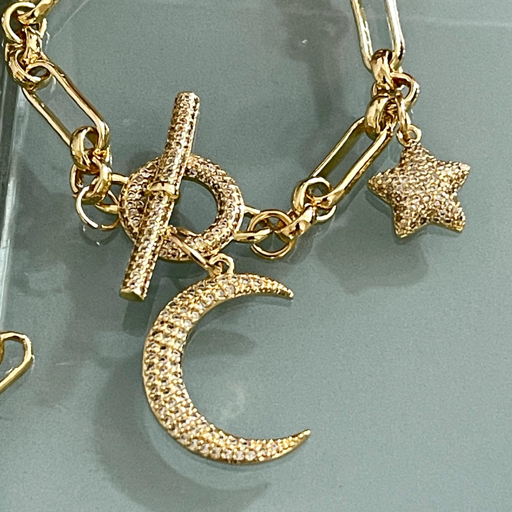 Gold Multi Charm Necklace-Gold CZ Moon Charm- Gold CZ Star Charm-Toggle Charm Connector-Lobster Claw Clasp-Layering Necklace-Gift For Her