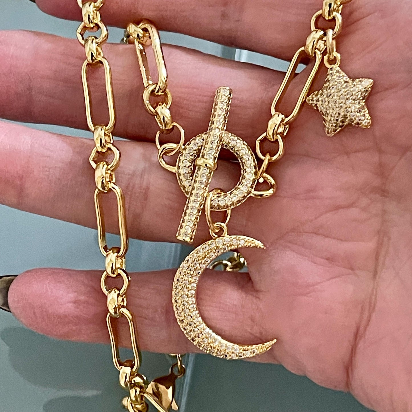 Gold Multi Charm Necklace-Gold CZ Moon Charm- Gold CZ Star Charm-Toggle Charm Connector-Lobster Claw Clasp-Layering Necklace-Gift For Her