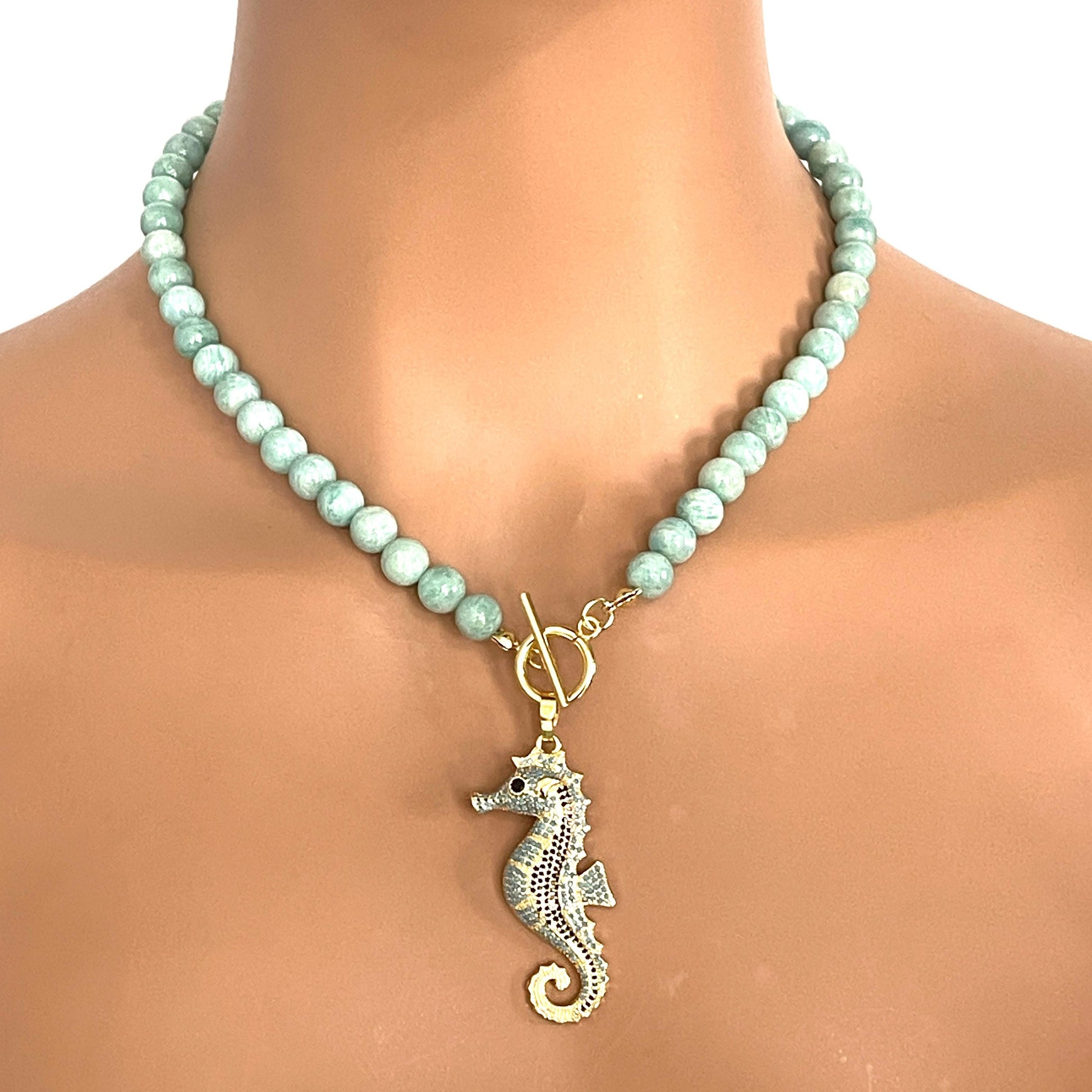 Amazonite Bead Necklace with Turquoise and Gold Seahorse Pendant- Natural Stone Bead Necklace-Toggle Clasp-Gift For Her