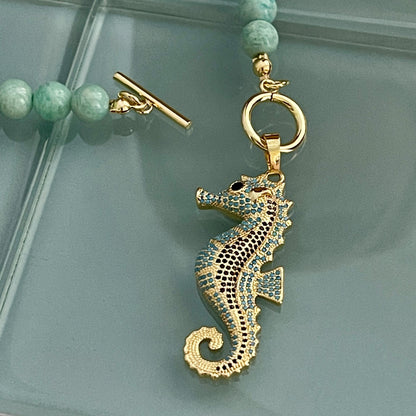 Amazonite Bead Necklace with Turquoise and Gold Seahorse Pendant- Natural Stone Bead Necklace-Toggle Clasp-Gift For Her