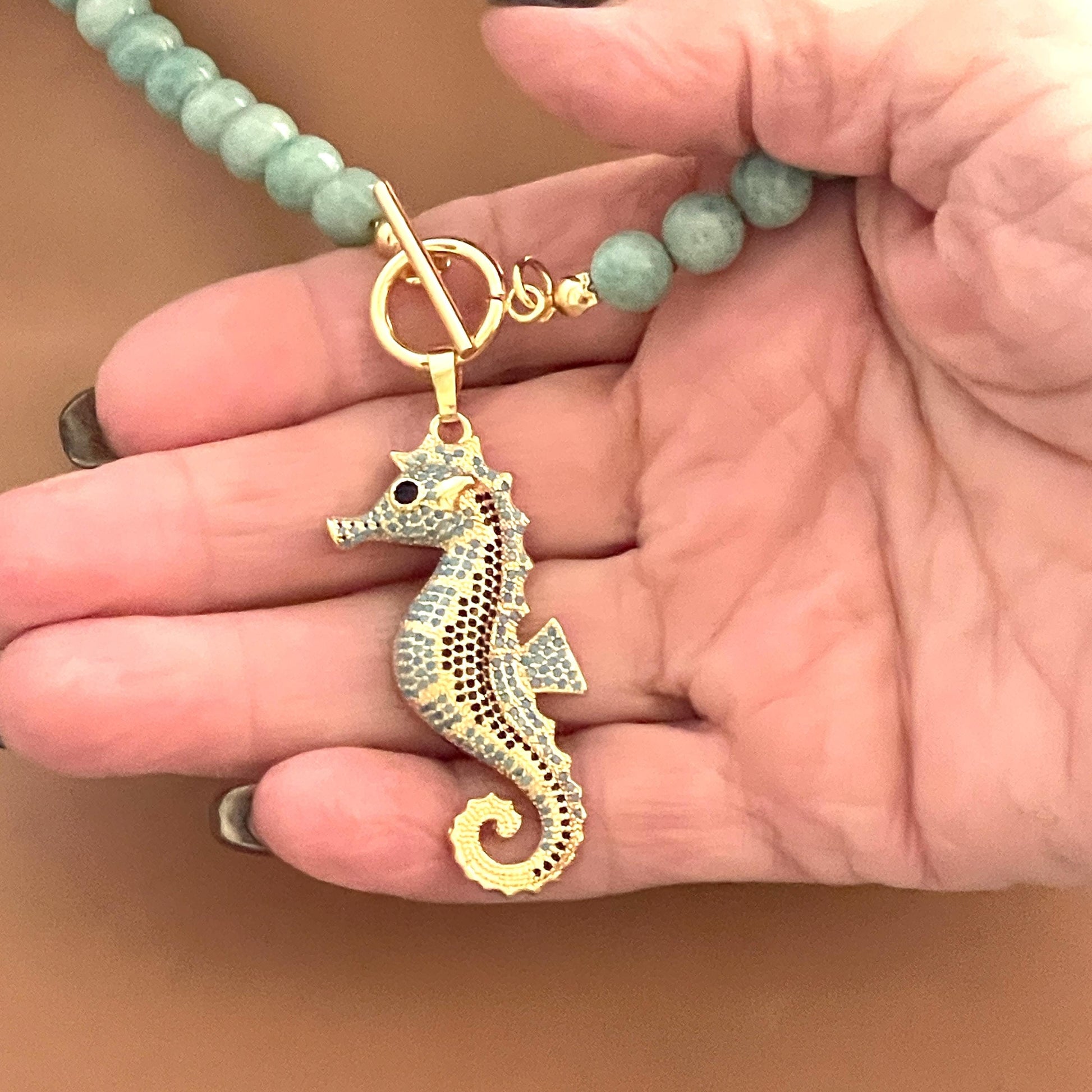 Amazonite Bead Necklace with Turquoise and Gold Seahorse Pendant- Natural Stone Bead Necklace-Toggle Clasp-Gift For Her